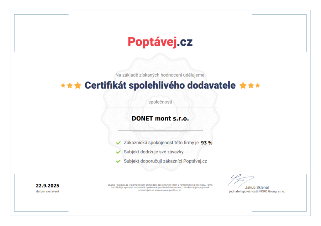 Donetmont s.r.o. - certifikace